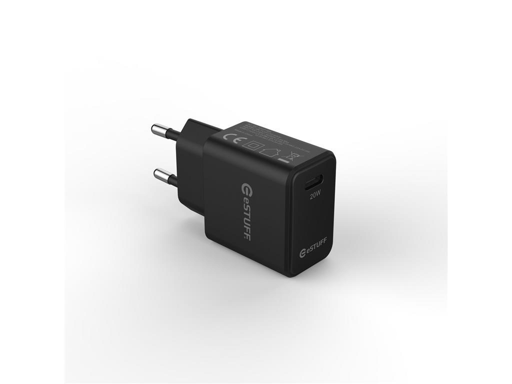 eSTUFF USB-C punjač EU PD 20W. 1 x USB-C. Crna