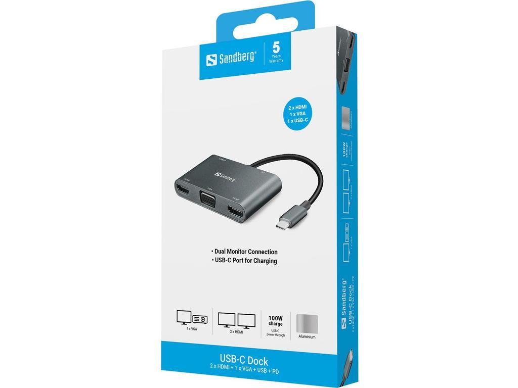 Sandberg USB-C Dock 2xHDMI+1xVGA+USB+PD
